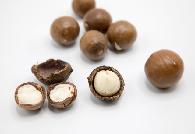 close up shot of macadamia nuts on a white surface